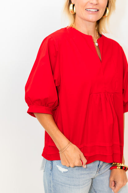 High Neck Ruffle Top in Red