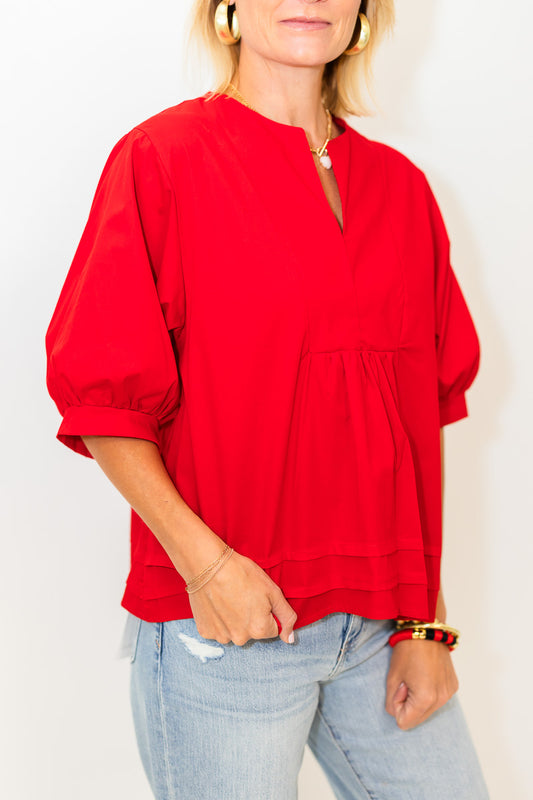 High Neck Ruffle Top in Red