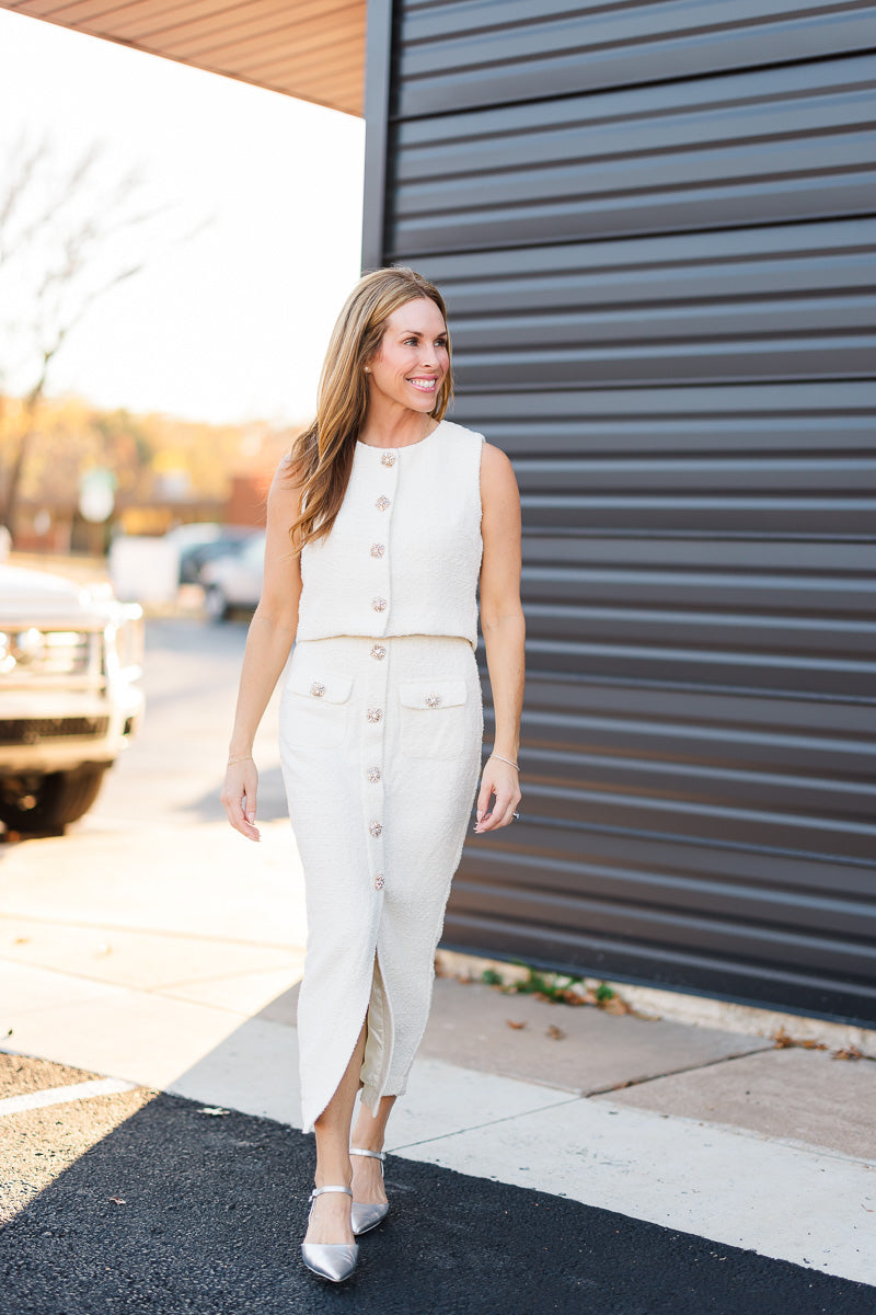 Tina Tweed Bling Button Crop Top & Midi Skirt Set in Cream