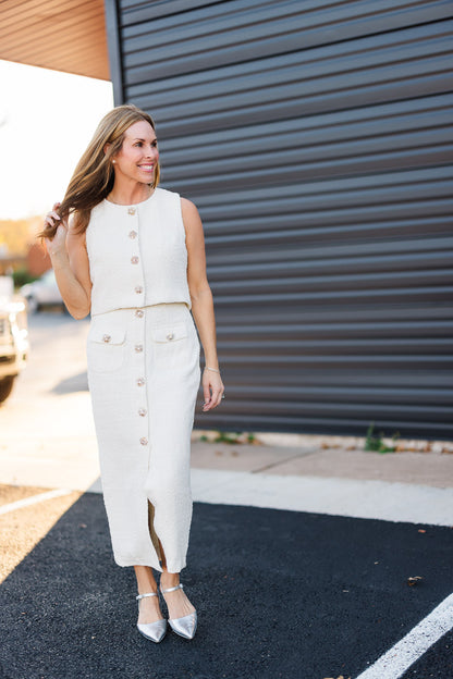 Tina Tweed Bling Button Crop Top & Midi Skirt Set in Cream