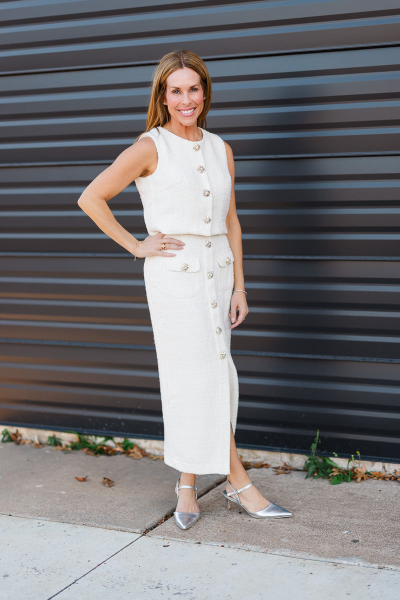 Tina Tweed Bling Button Crop Top & Midi Skirt Set in Cream