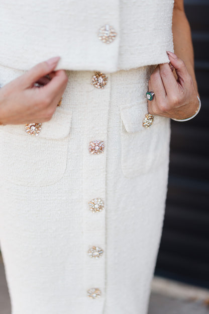 Tina Tweed Bling Button Crop Top & Midi Skirt Set in Cream