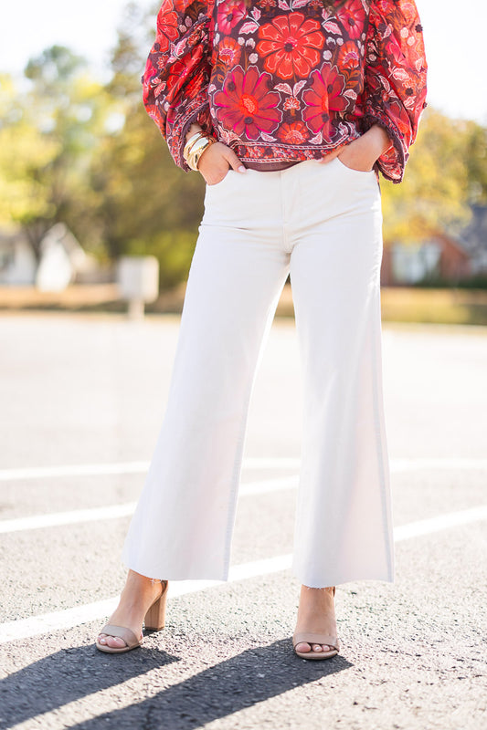 FINAL SALE Meg Wide Leg Crushed Subtle Velvet in Ecru cream