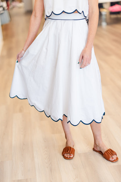 Seren Cotton Scallop Skirt in White/Navy