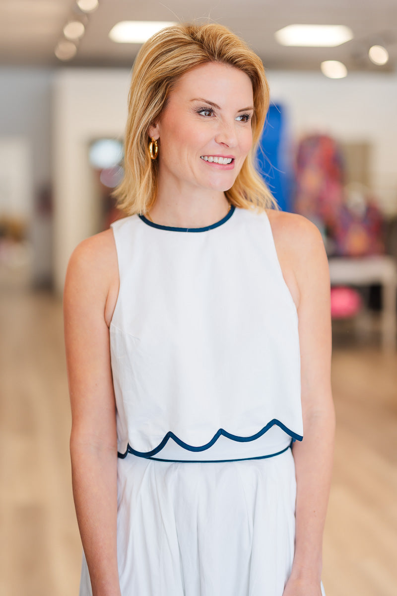 Amanda Cotton Scallop Top in White/Navy