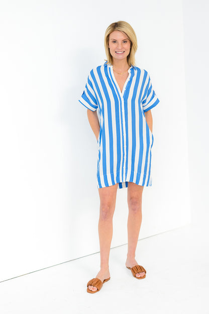 Nina Short Sleeve Striped Dress in Blue