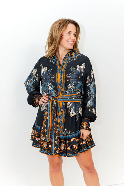 Blossom Tapestry Long Sleeve Mini Dress in Black