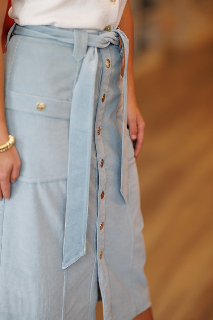 Colette Corduroy Midi Skirt in Mineral Blue