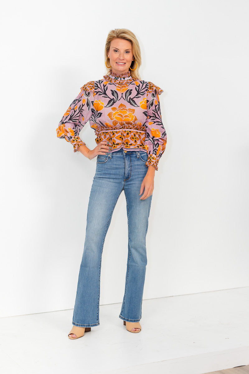 Arabesque Floral Ruffed Long Sleeve Blouse in Lilac