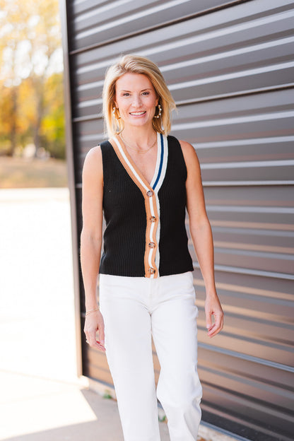 Ace Button Up Sweater Vest in Black