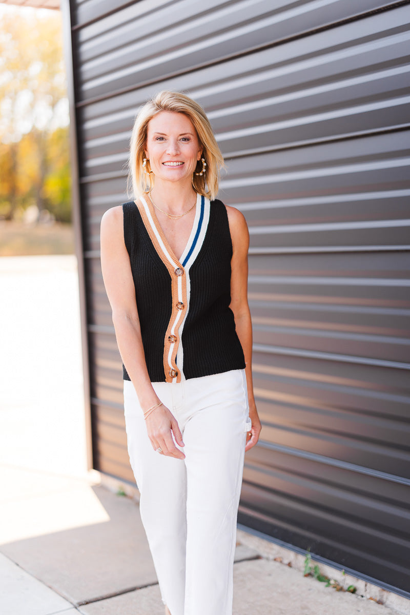 Ace Button Up Sweater Vest in Black