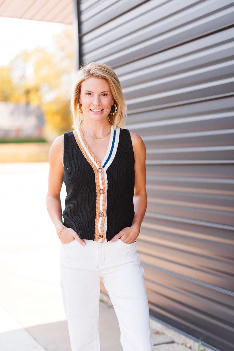 Ace Button Up Sweater Vest in Black