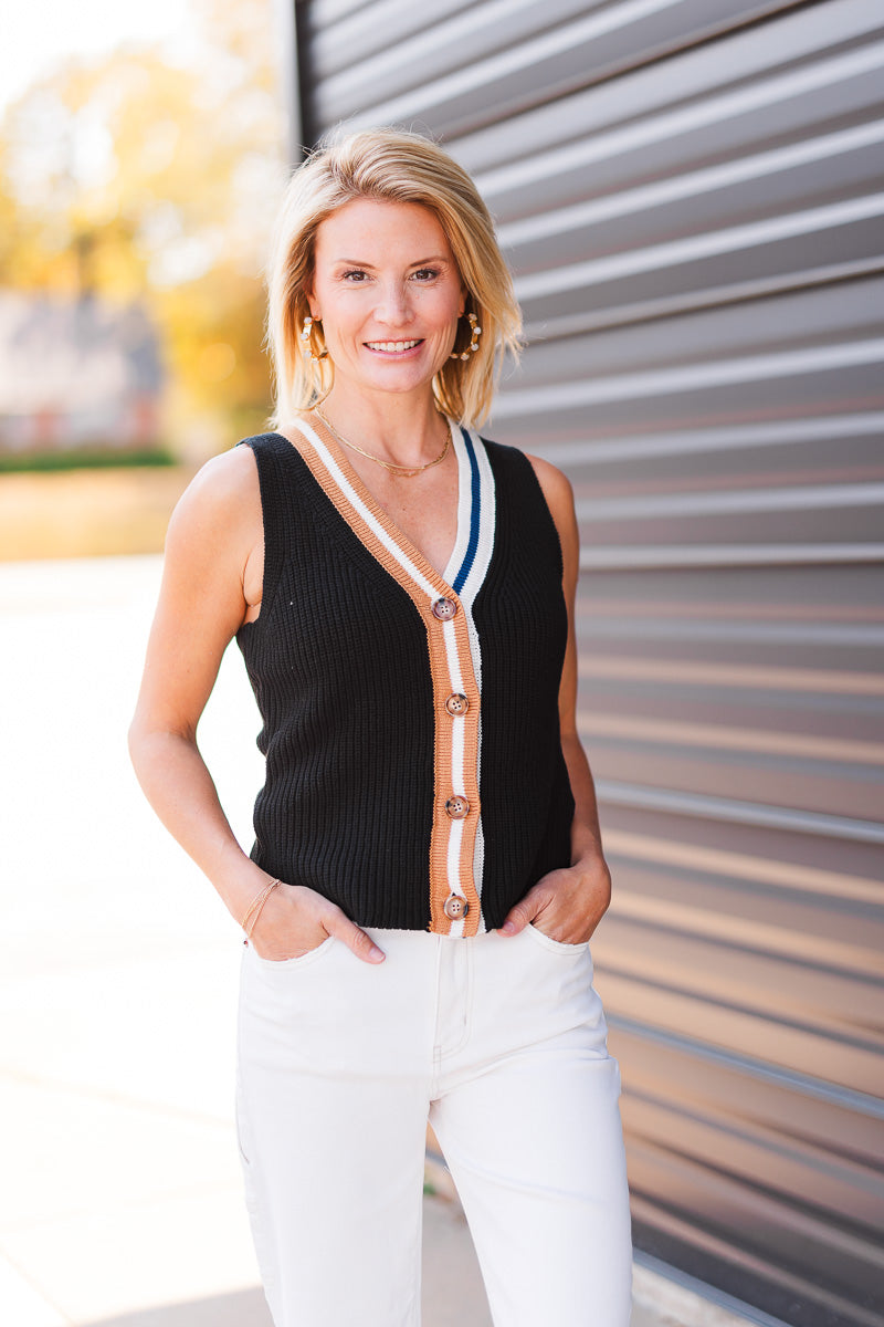 Ace Button Up Sweater Vest in Black