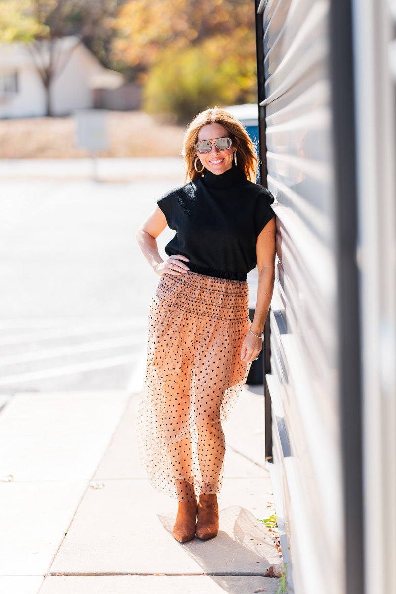 Mia Black Dot Skirt in Nude