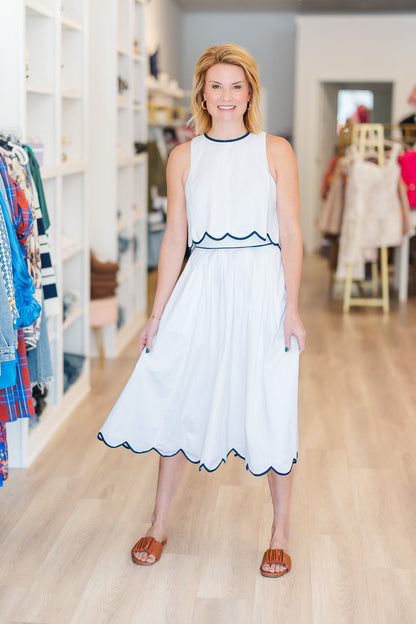 Seren Cotton Scallop Skirt in White/Navy