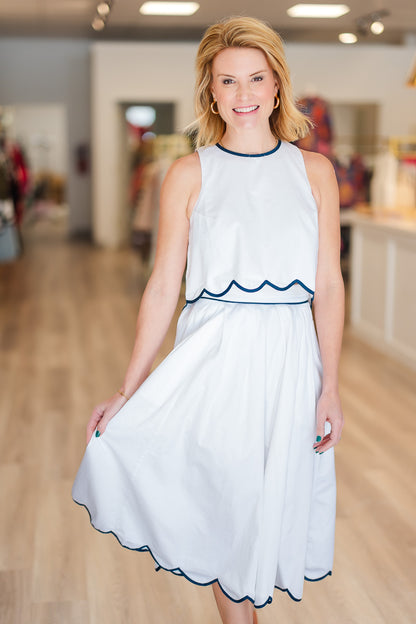 Seren Cotton Scallop Skirt in White/Navy