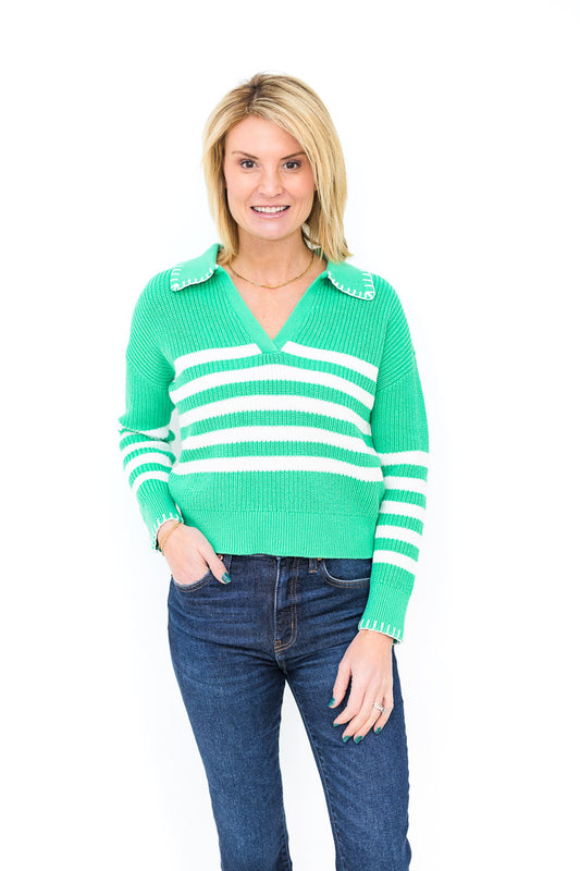 Whipstitch Striped Polo in Clover/White