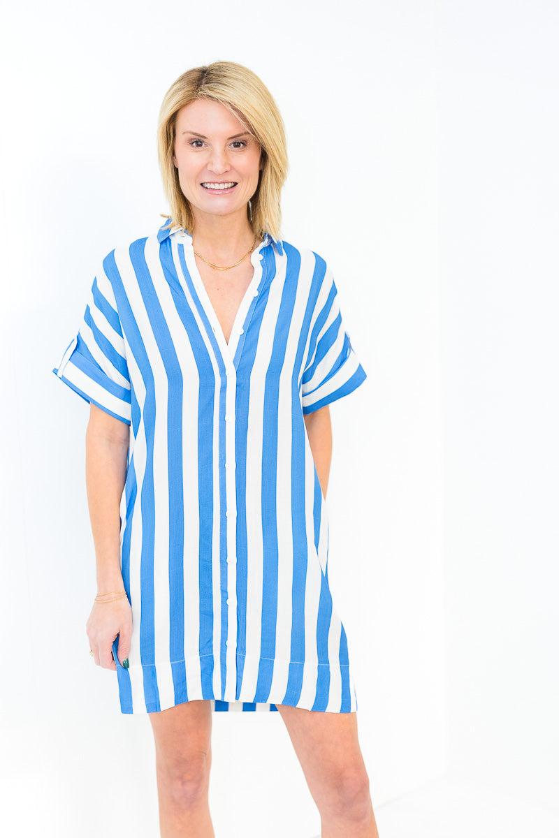 Nina Short Sleeve Striped Dress in Blue