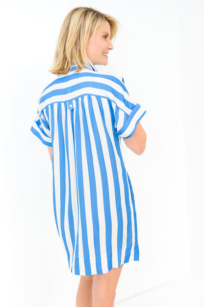 Nina Short Sleeve Striped Dress in Blue