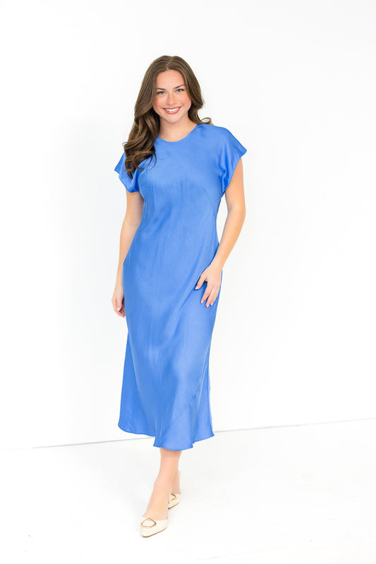 Ennis Satin Column Midi Dress in Ultramarine