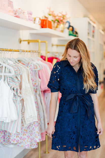 Placket Lace Shirt Dress in Navy