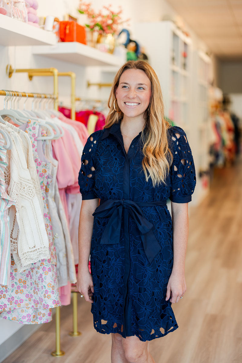 Placket Lace Shirt Dress in Navy