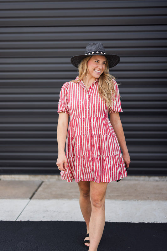 Button Front Tiered Dress in Red Stripe