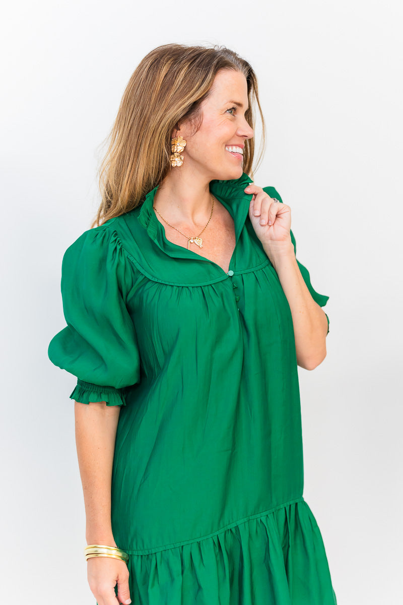 Yoke Buttons Flounce Dress in Emerald