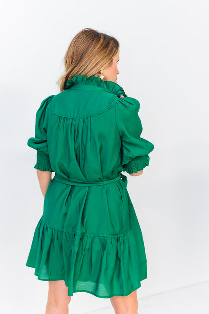 Yoke Buttons Flounce Dress in Emerald