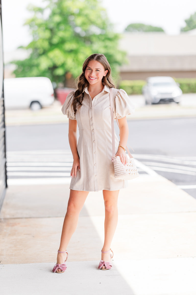 Suede Button Up Dress in Cream