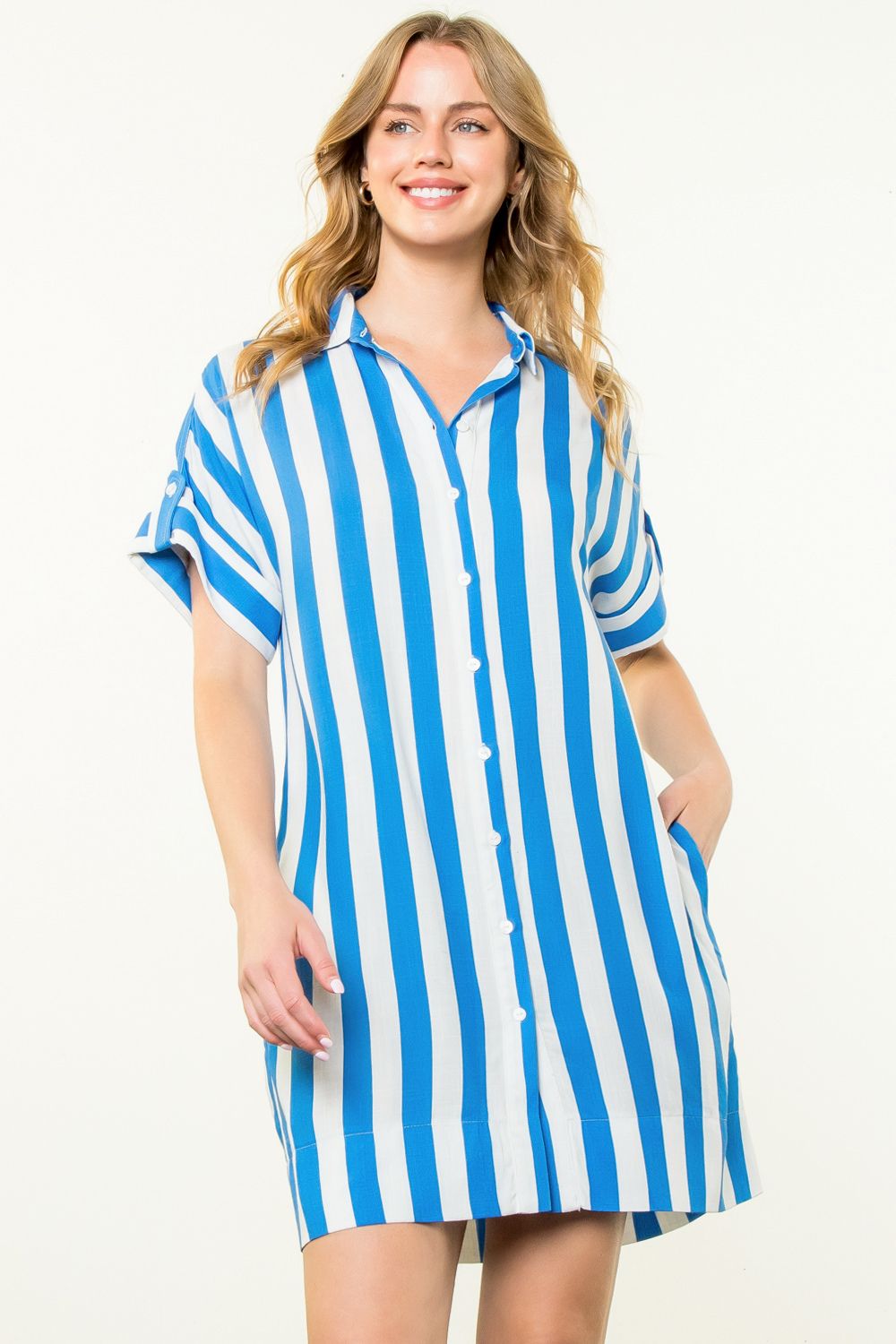 Nina Short Sleeve Striped Dress in Blue