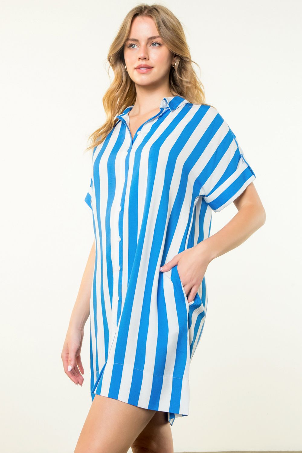 Nina Short Sleeve Striped Dress in Blue