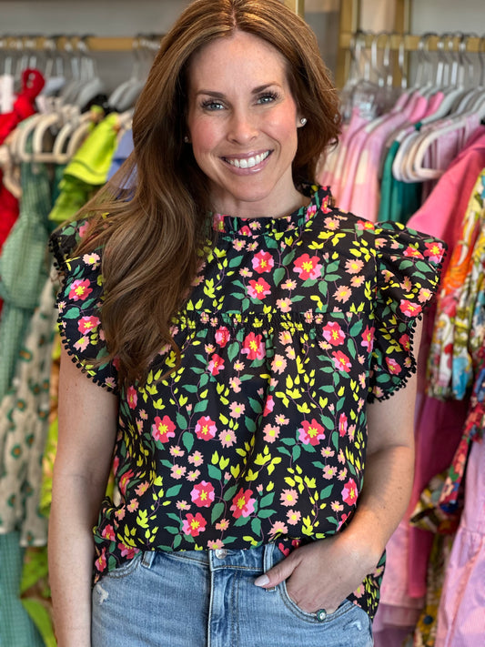 Black Floral Print Ruffle Top