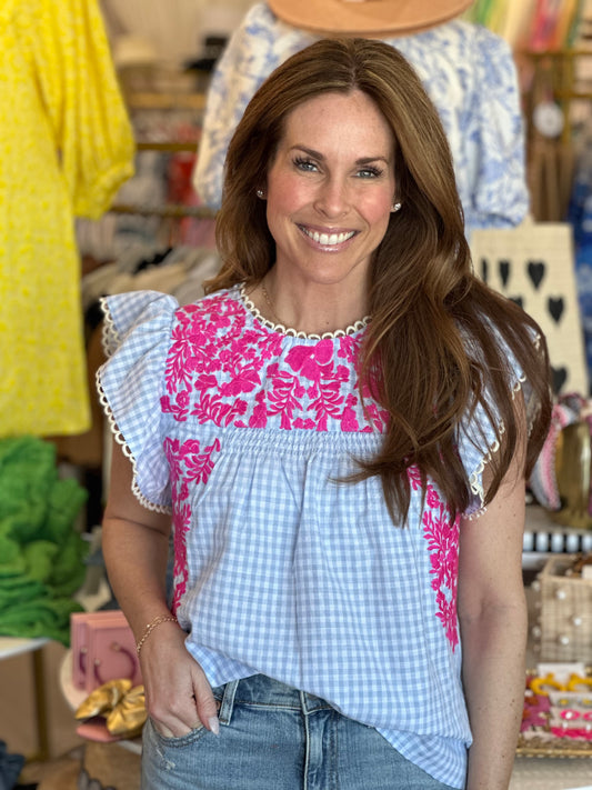 Blue Embroidered Flutter Sleeve Top