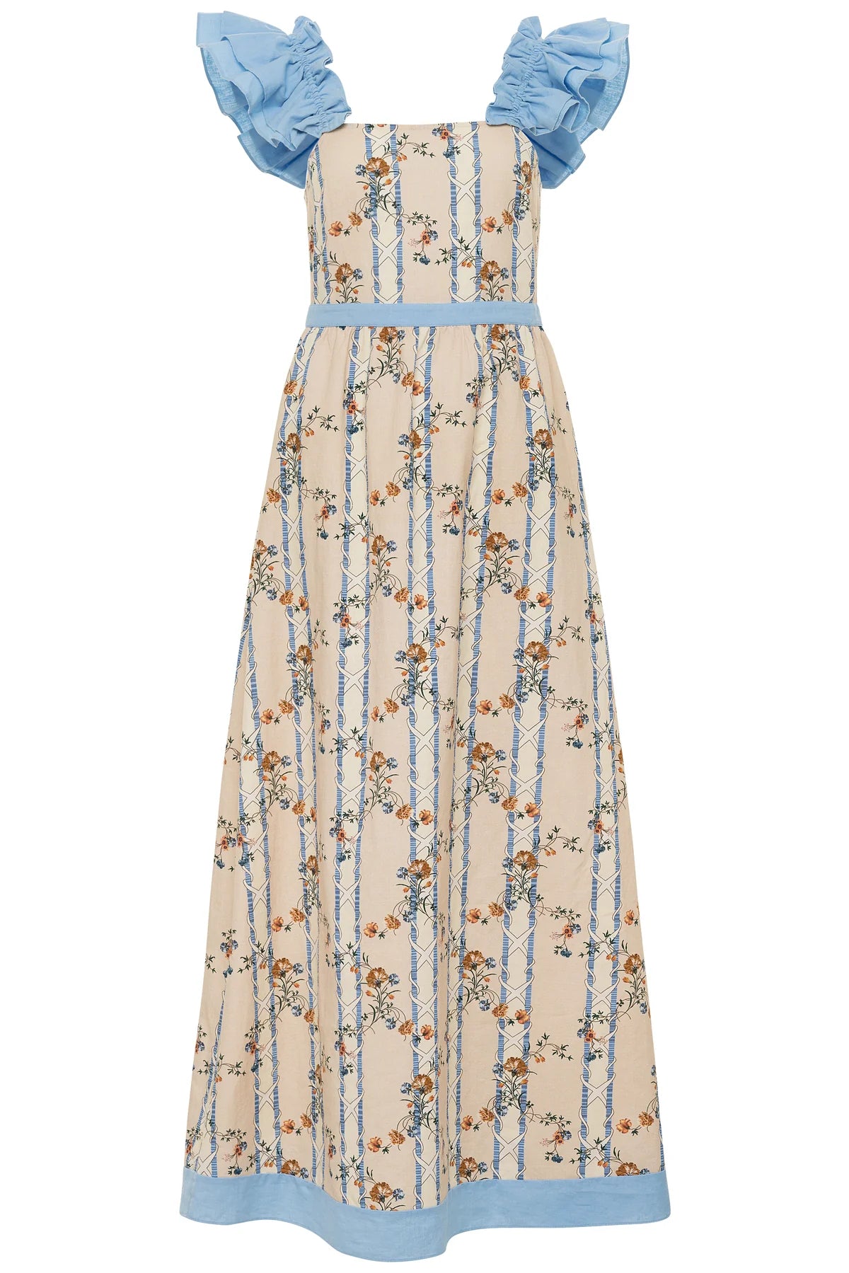 Maris Linen Midi Dress in Peach/Blue