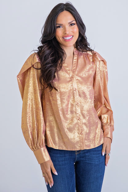 Metallic Button Front Top