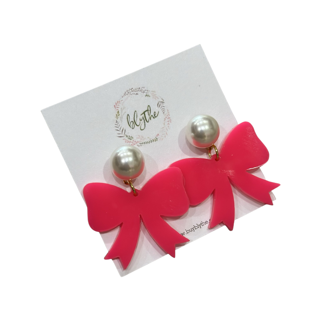 Pink Bow Earring w/Pearl Topper