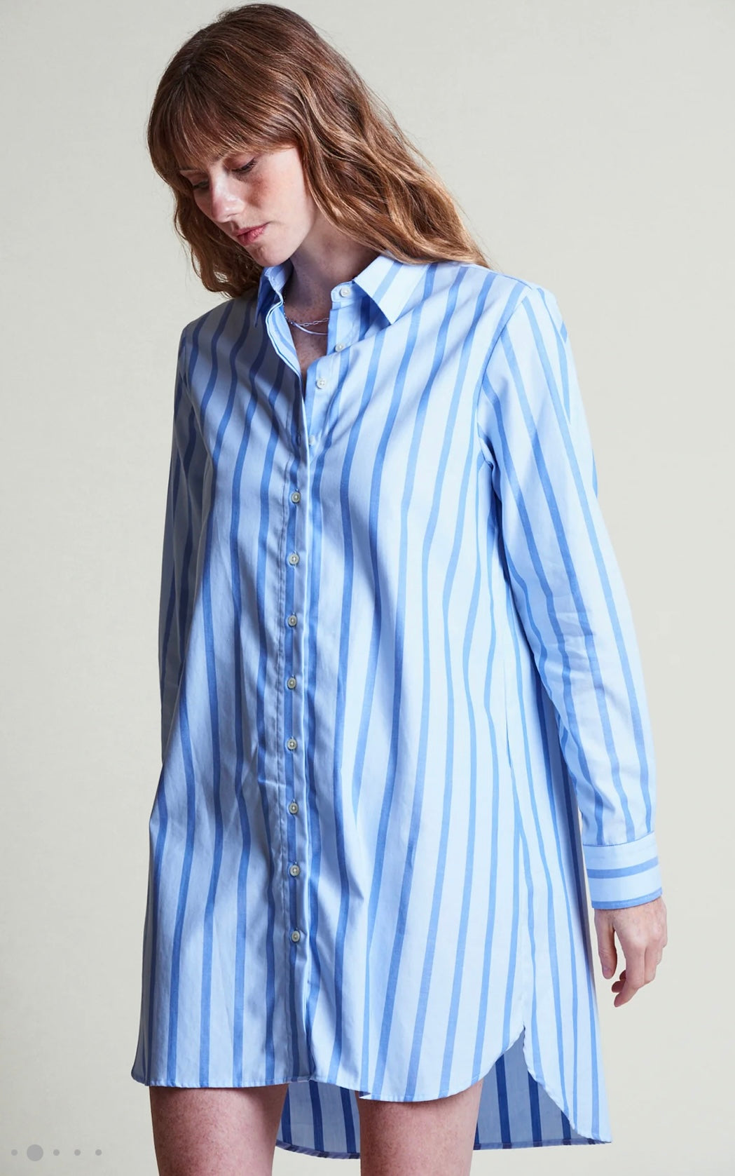 The Long Sleeve Shirt Dress in Blue Stripe