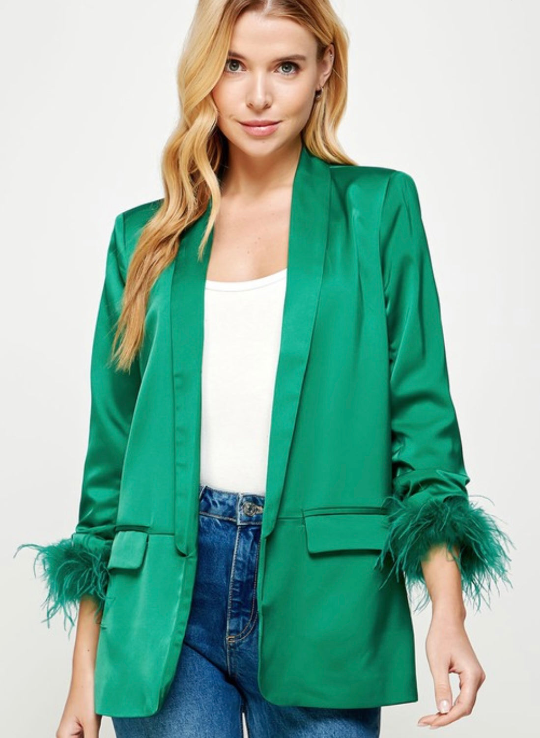 Feather Trim Boyfriend Satin Blazer in Emerald