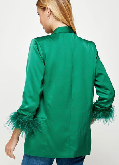 Feather Trim Boyfriend Satin Blazer in Emerald