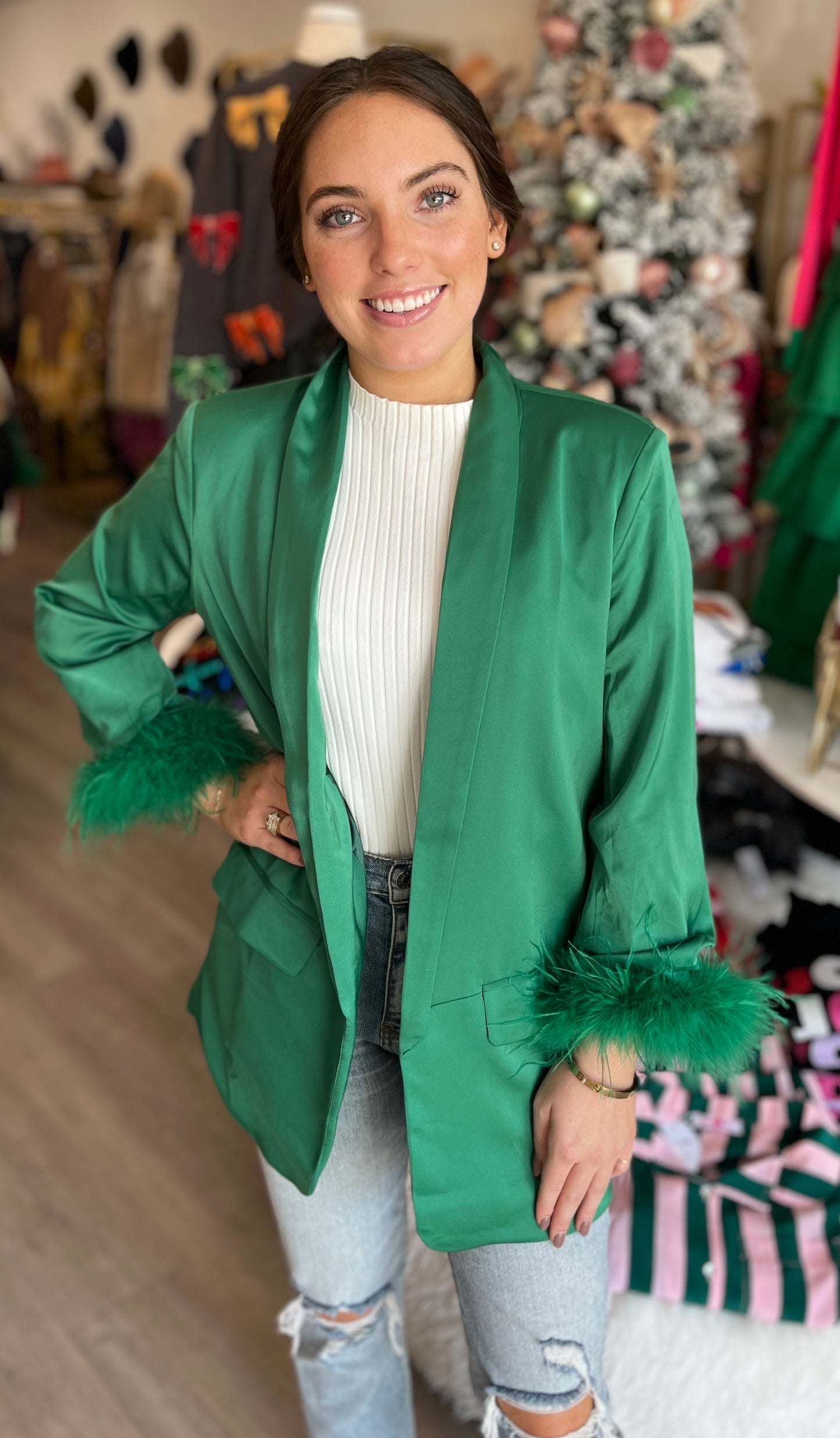 Feather Trim Boyfriend Satin Blazer in Emerald