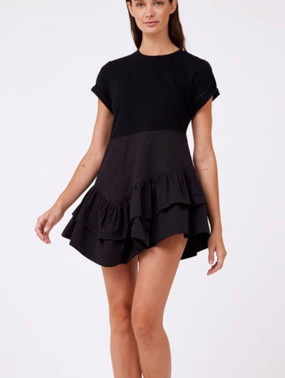 Combo Knit Ruffle Dress in Black